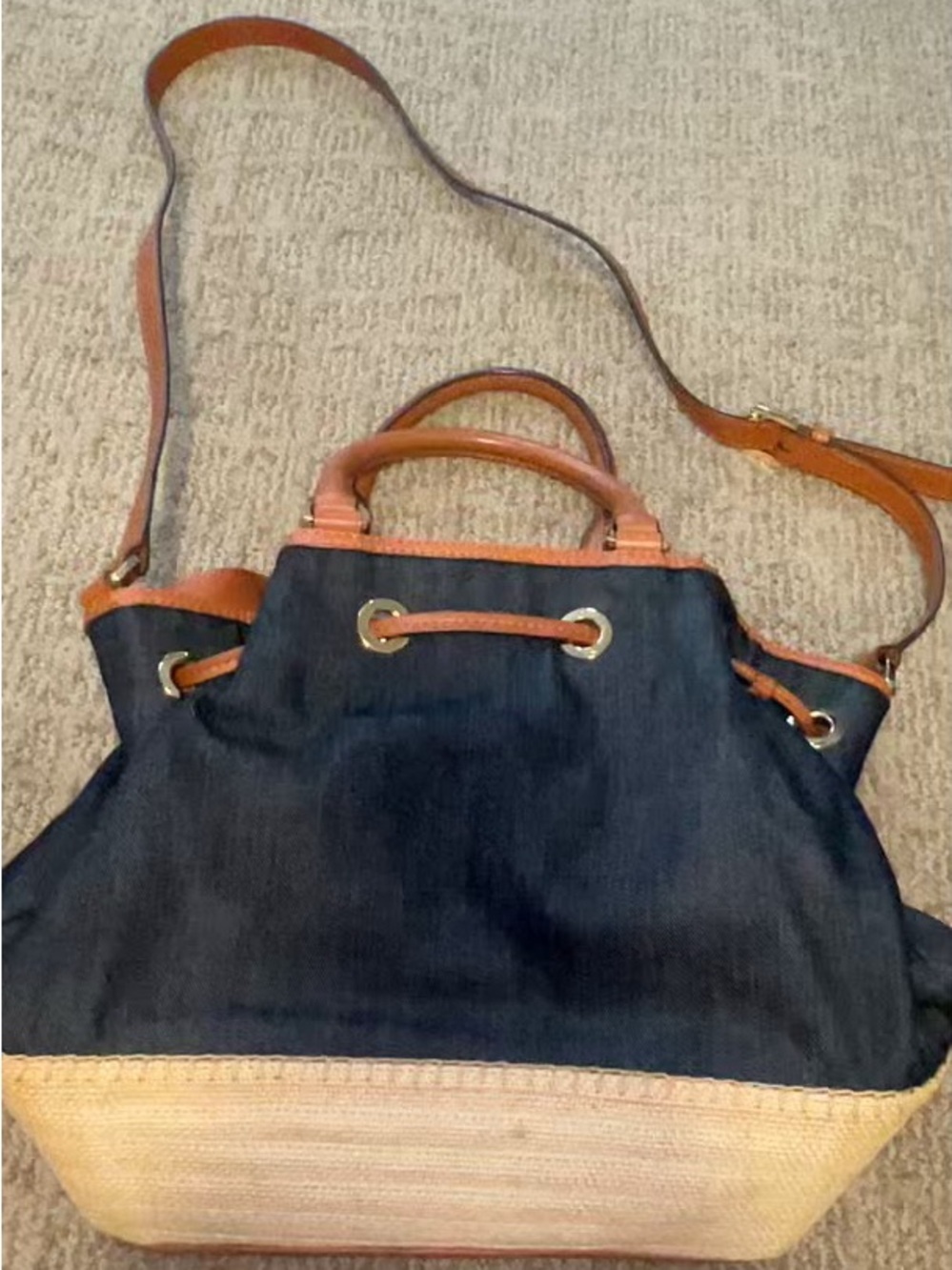 Michael Kors Marina Large Denim & Espadrille Straw Bucket Bag